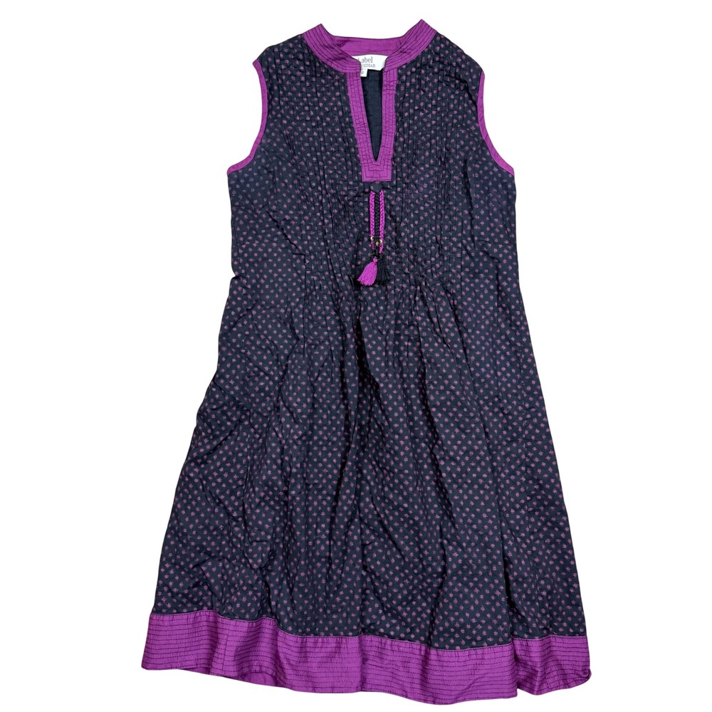 Label Ritu Kumar Navy Purple Cotton Geometric Pintuck Tassel Dress Size 2